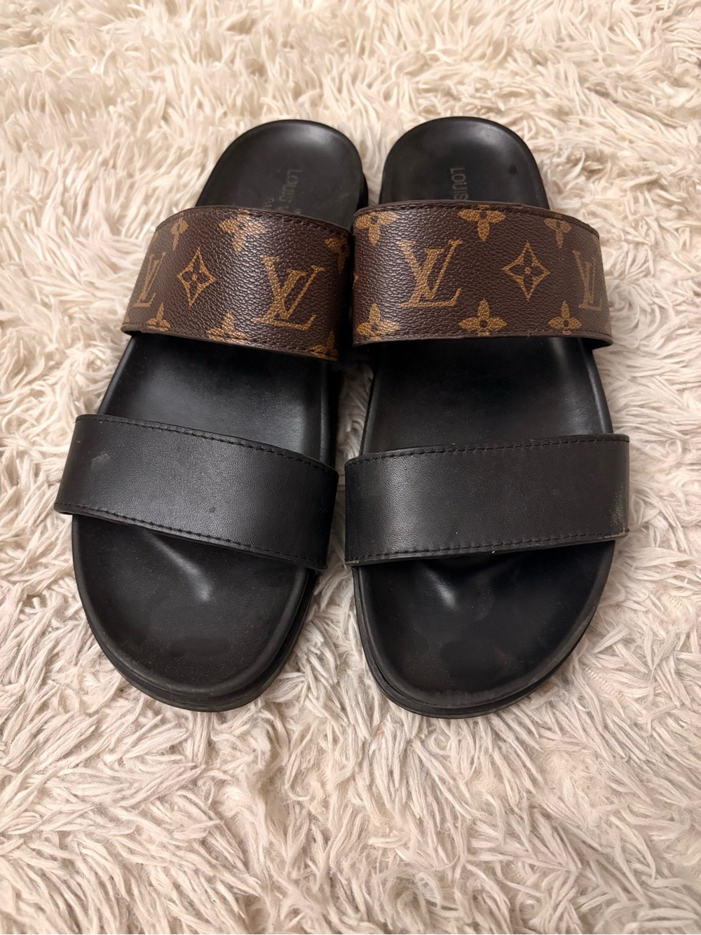 Louis Vuitton Men Monogram Brown and Black Leather Dual-Strap Slide Sandals